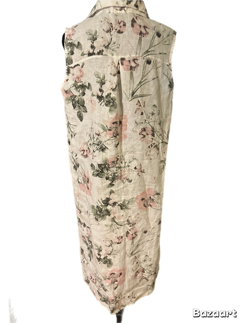 Linen White Sleeveless Midi Dress with Pink Floral Print size M - Picture 3 of 10